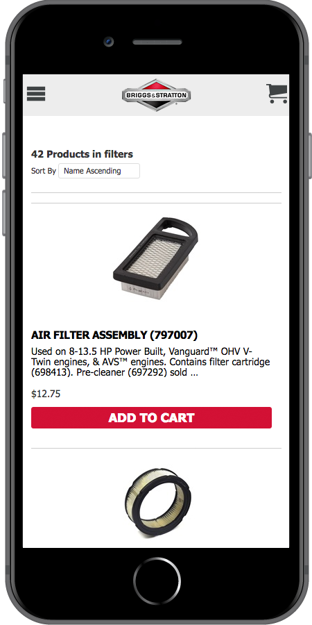 Briggs and Stratton Ecommerce Product Mobile
