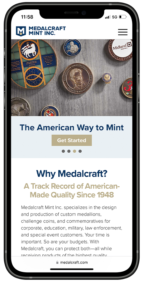 Medalcraft Mint home page on mobile.