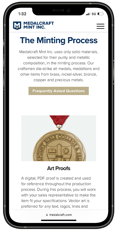 Medalcraft Mint "The Minting Process" page on mobile.