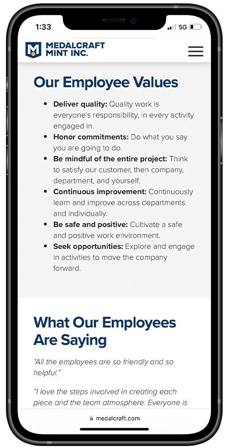 Medalcraft Mint "Our Employee Values" page on mobile.