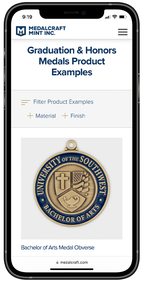 Medalcraft Mint "Graduation and Honors Medals" page on mobile.